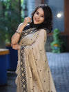 Banarasee Handwoven Semi-Tussar Saree With Resham Work & Geometric Border-Beige & Black