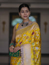 Banarasee Handloom Mashru Silk Saree With Jaal Design & Lace Border-Yellow