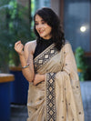 Banarasee Handwoven Semi-Tussar Saree With Resham Work & Geometric Border-Beige & Black