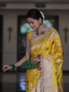 Banarasee Handloom Mashru Silk Saree With Jaal Design & Lace Border-Yellow