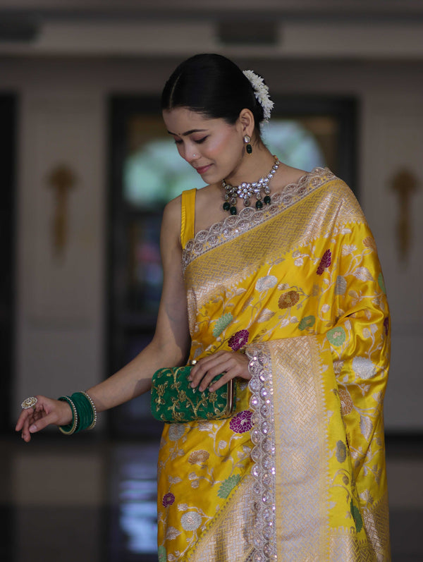 Banarasee Handloom Mashru Silk Saree With Jaal Design & Lace Border-Yellow