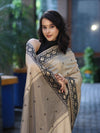 Banarasee Handwoven Semi-Tussar Saree With Resham Work & Geometric Border-Beige & Black