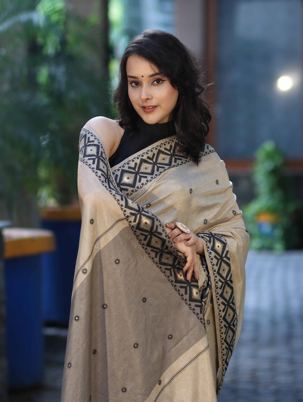 Banarasee Handwoven Semi-Tussar Saree With Resham Work & Geometric Border-Beige & Black