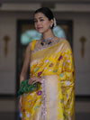 Banarasee Handloom Mashru Silk Saree With Jaal Design & Lace Border-Yellow