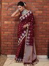 Banarasee Handwoven Mashru Silk Saree With Sona Rupa Zari Buta Design Border & Lace-Dark Maroon