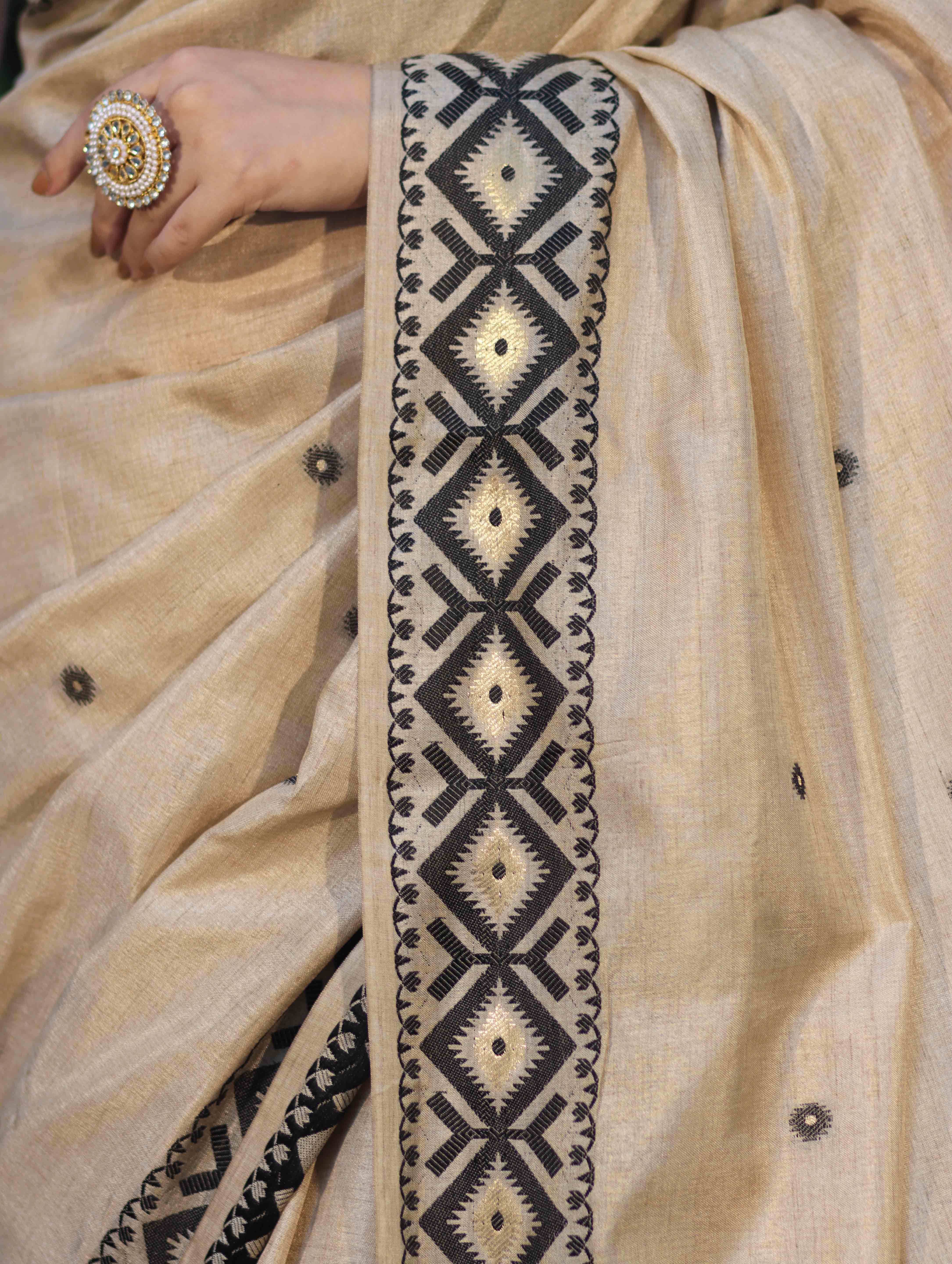 Banarasee Handwoven Semi-Tussar Saree With Resham Work & Geometric Border-Beige & Black
