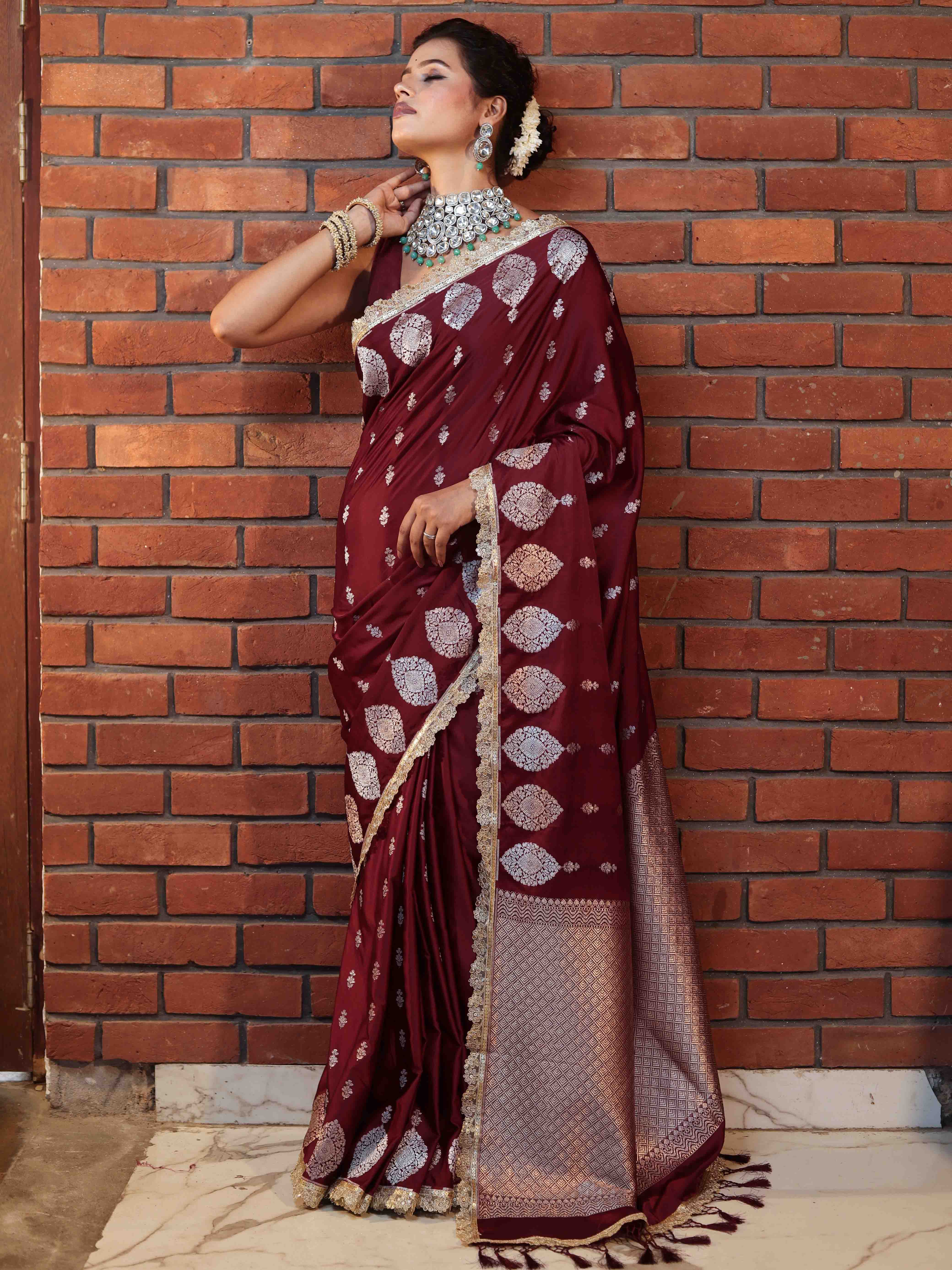 Banarasee Handwoven Mashru Silk Saree With Sona Rupa Zari Buta Design Border & Lace-Dark Maroon