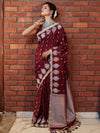 Banarasee Handwoven Mashru Silk Saree With Sona Rupa Zari Buta Design Border & Lace-Dark Maroon