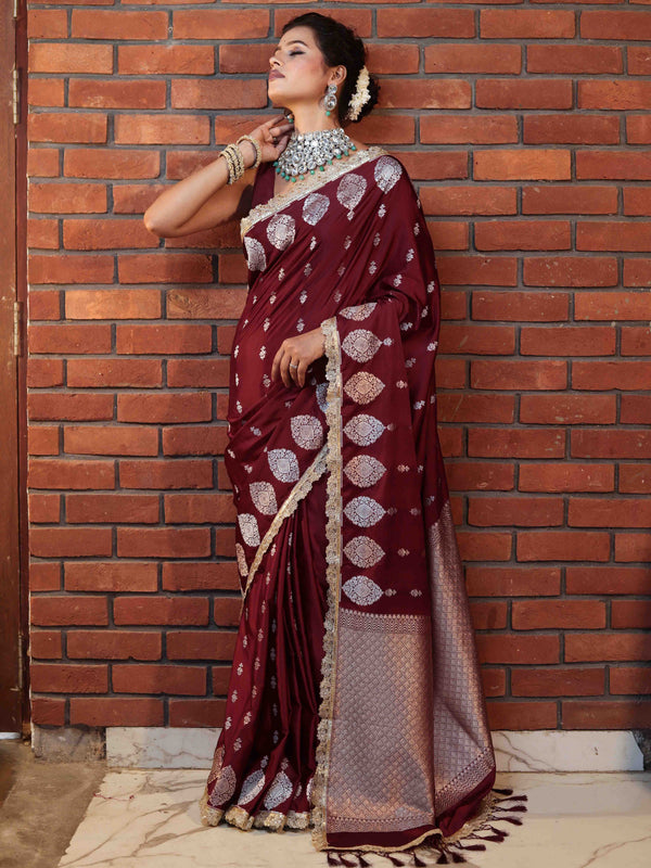 Banarasee Handwoven Mashru Silk Saree With Sona Rupa Zari Buta Design Border & Lace-Dark Maroon