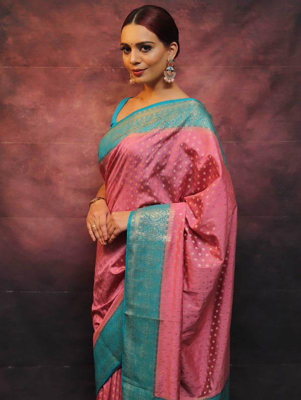 Banarasee Semi Silk Zari Buti Saree With Contrast Border-Pink & Blue