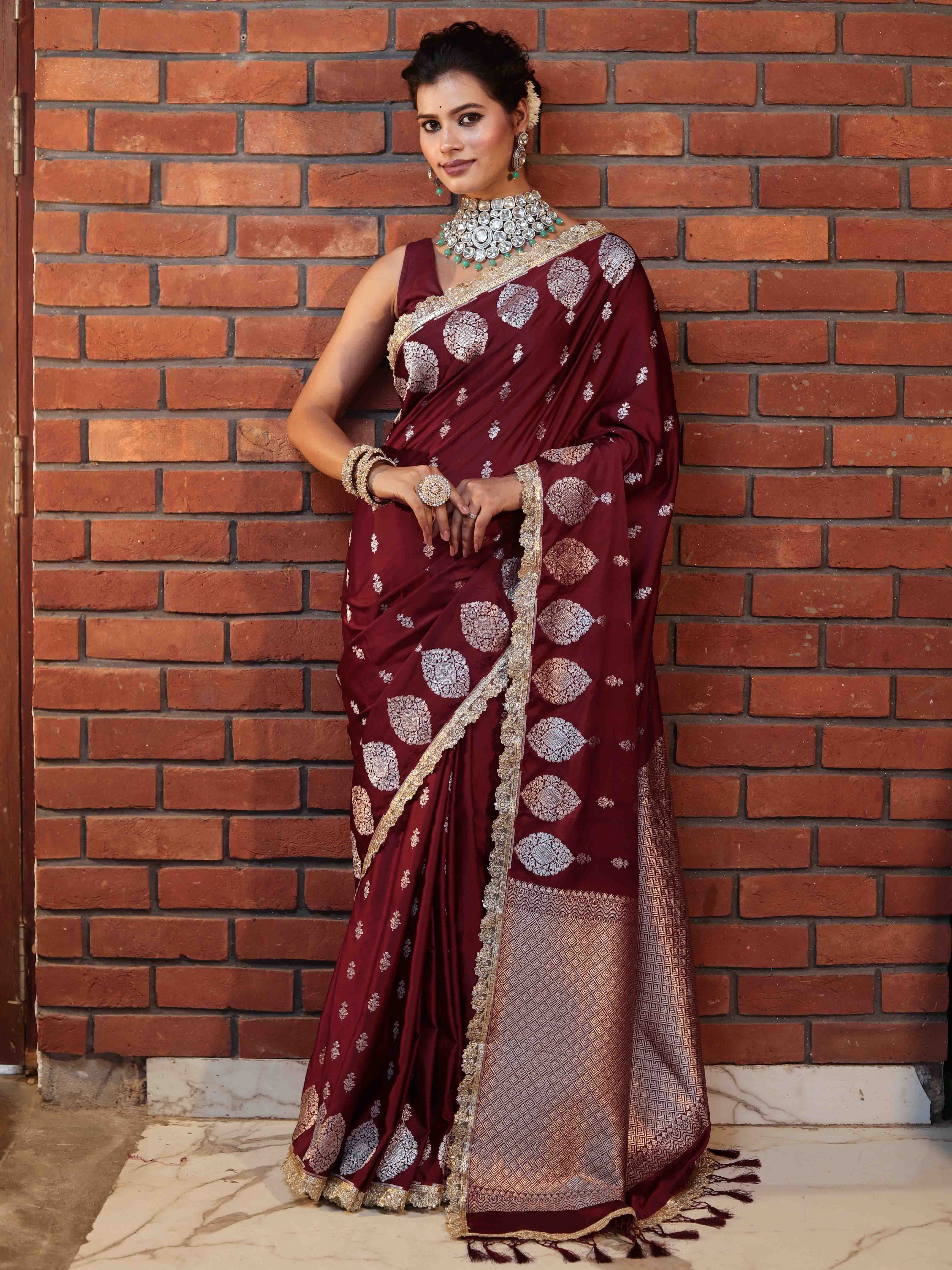 Banarasee Handwoven Mashru Silk Saree With Sona Rupa Zari Buta Design Border & Lace-Dark Maroon