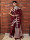 Banarasee Handwoven Mashru Silk Saree With Sona Rupa Zari Buta Design Border & Lace-Dark Maroon
