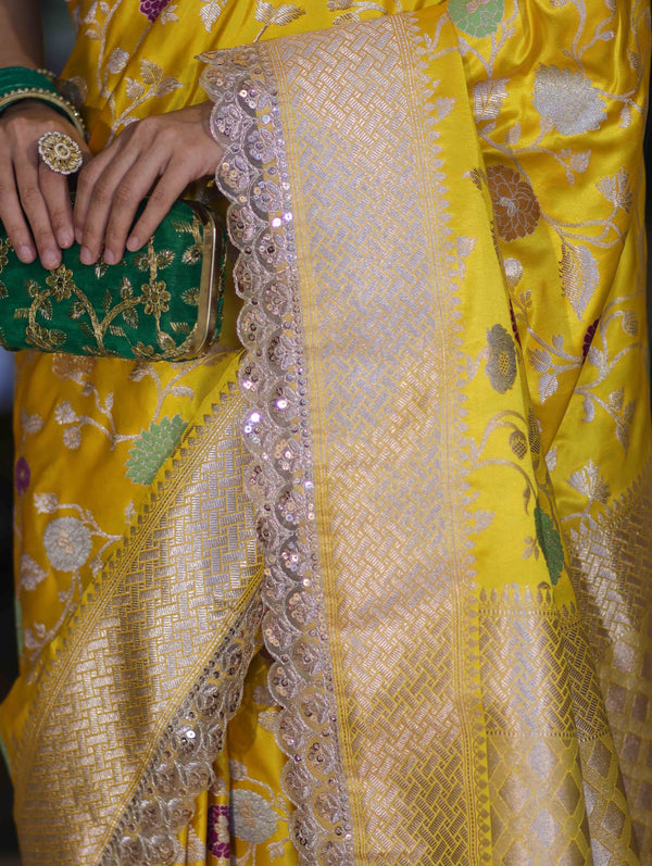 Banarasee Handloom Mashru Silk Saree With Jaal Design & Lace Border-Yellow