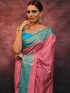Banarasee Semi Silk Zari Buti Saree With Contrast Border-Pink & Blue