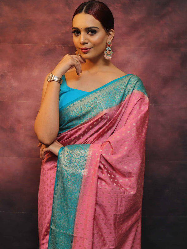 Banarasee Semi Silk Zari Buti Saree With Contrast Border-Pink & Blue