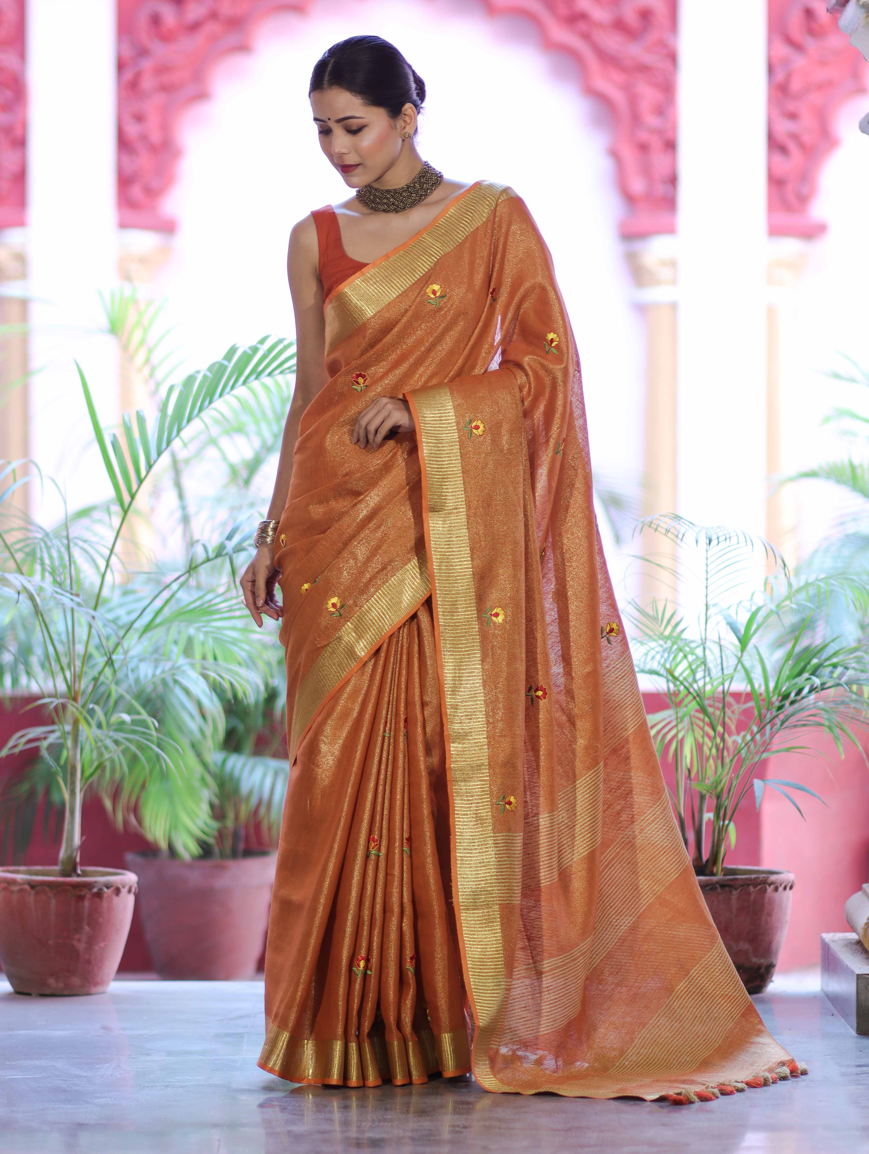 Bhagalpur Handloom Linen Tissue Metallic Shine Saree With Hand Woven Floral Motifs-Rust