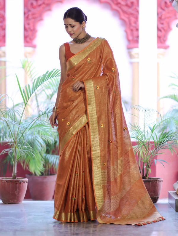 Bhagalpur Handloom Linen Tissue Metallic Shine Saree With Hand Woven Floral Motifs-Rust