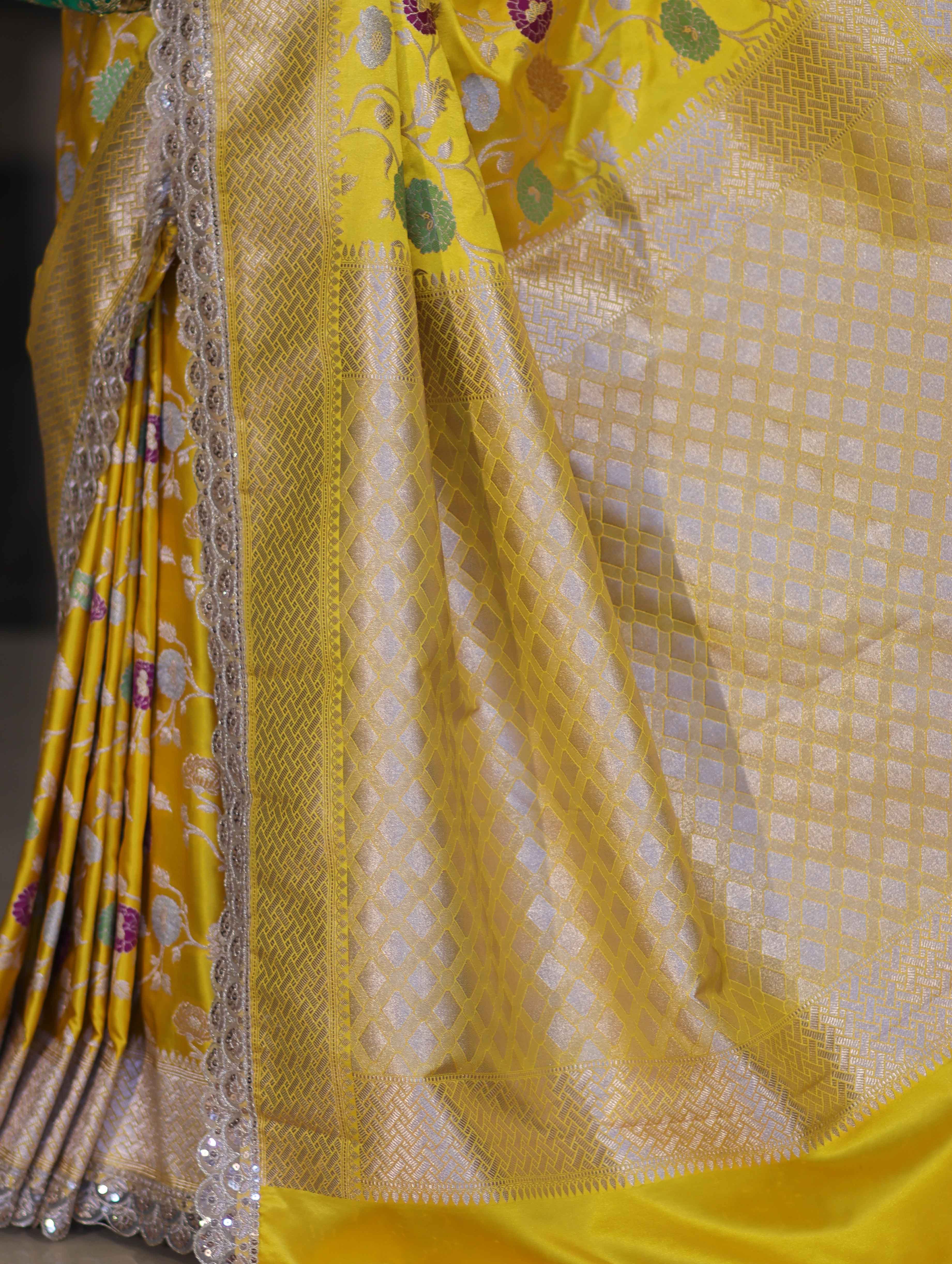 Banarasee Handloom Mashru Silk Saree With Jaal Design & Lace Border-Yellow