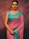 Banarasee Semi Silk Zari Buti Saree With Contrast Border-Pink & Blue
