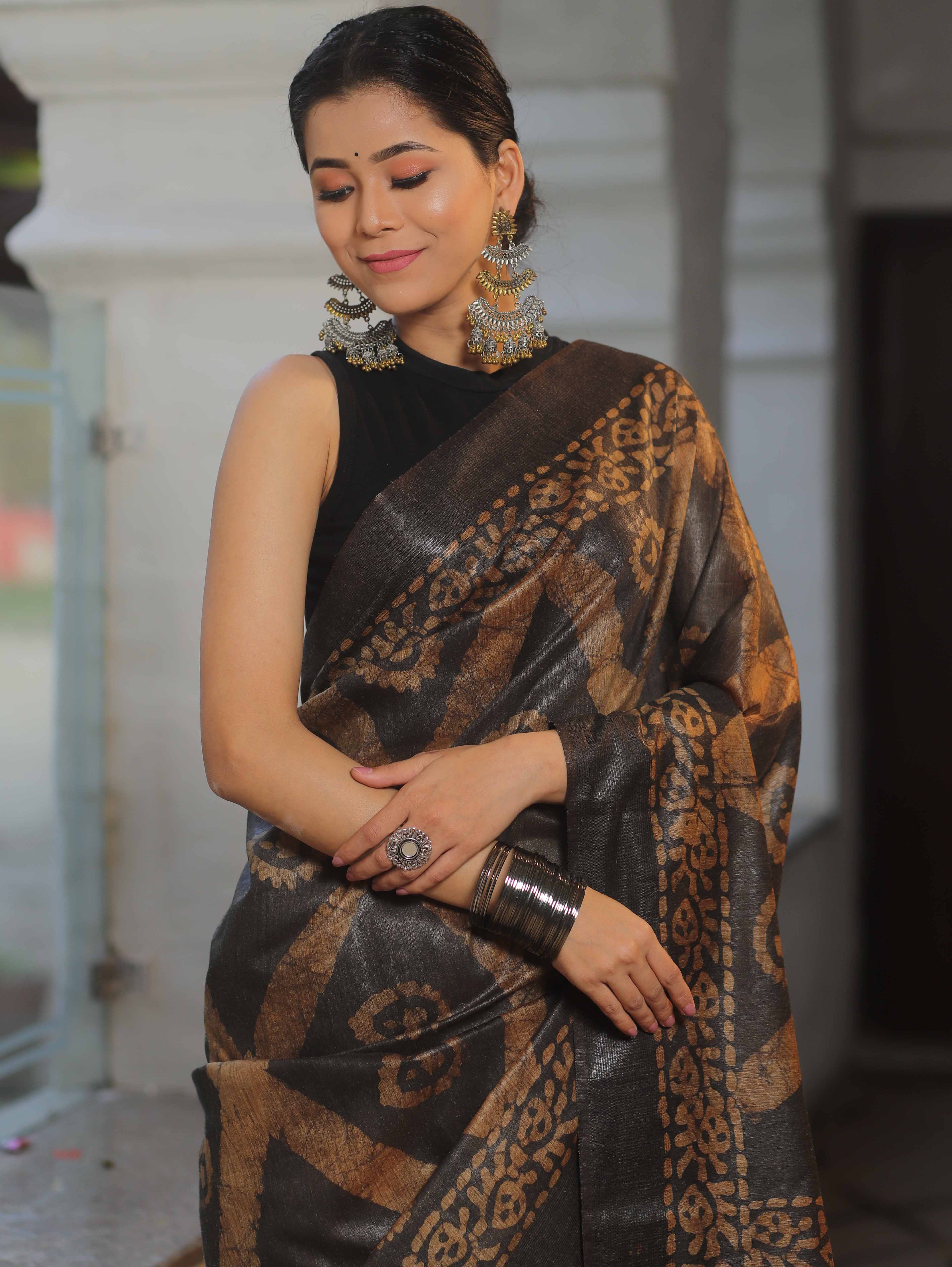 Bhagalpur Handloom Pure Linen Cotton Shibori Saree-Black & Brown