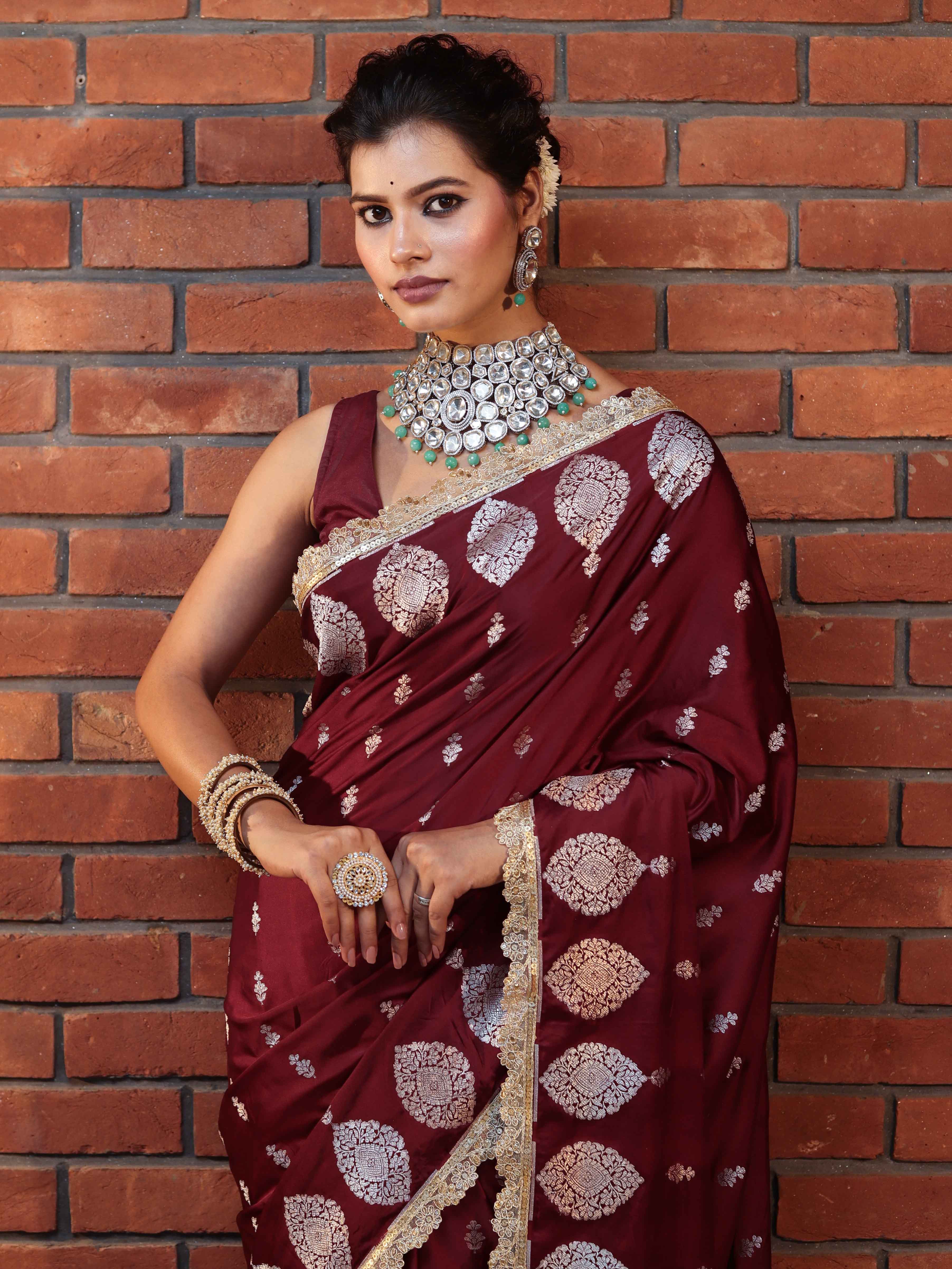 Banarasee Handwoven Mashru Silk Saree With Sona Rupa Zari Buta Design Border & Lace-Dark Maroon