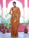 Bhagalpur Handloom Linen Tissue Metallic Shine Saree With Hand Woven Floral Motifs-Rust