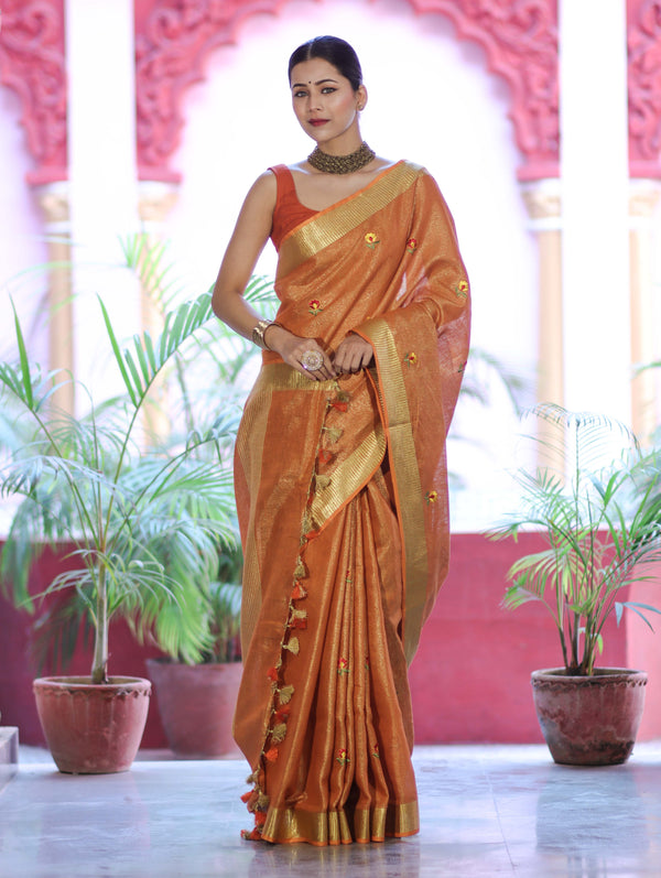 Bhagalpur Handloom Linen Tissue Metallic Shine Saree With Hand Woven Floral Motifs-Rust