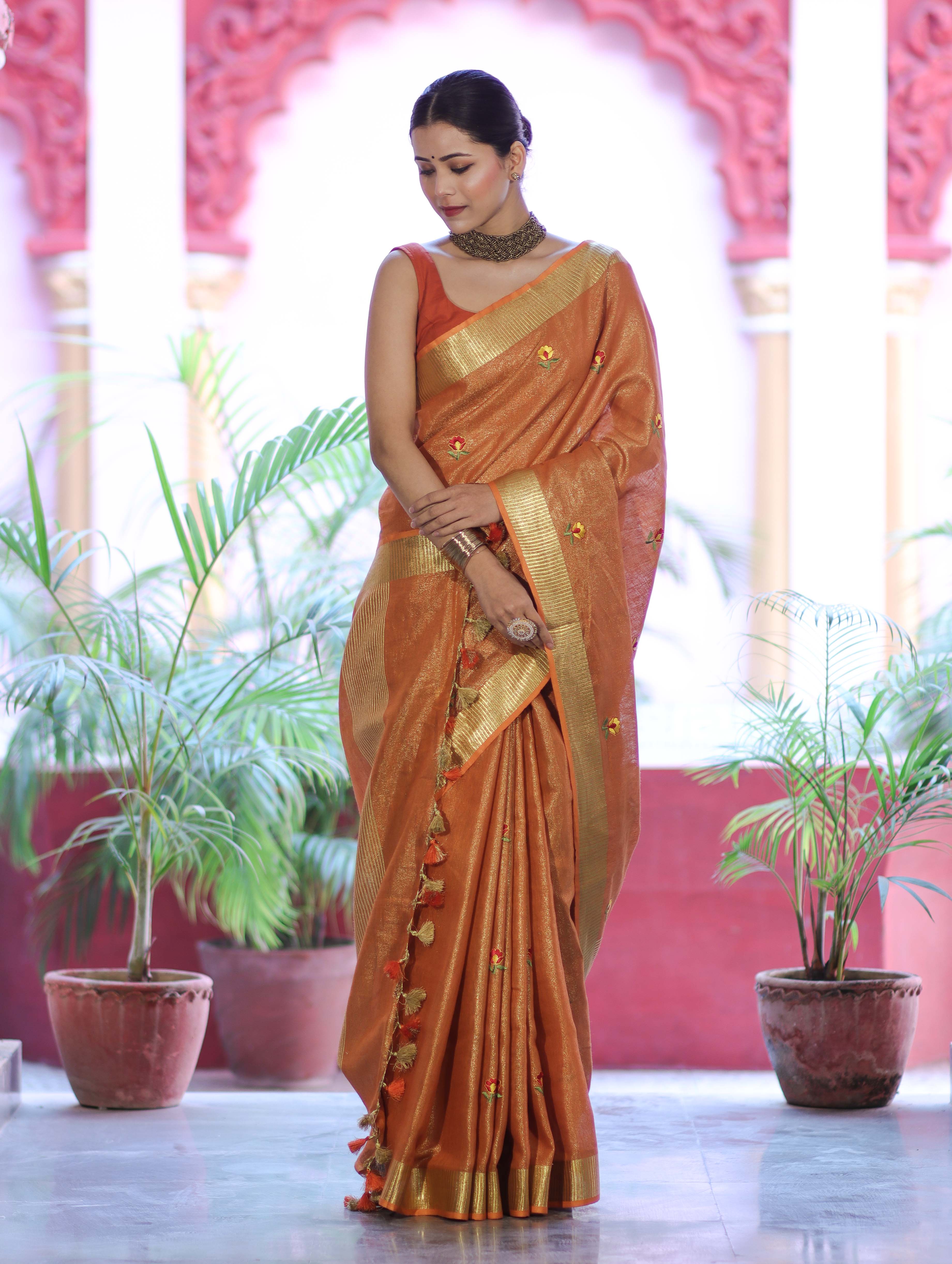 Bhagalpur Handloom Linen Tissue Metallic Shine Saree With Hand Woven Floral Motifs-Rust