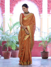 Bhagalpur Handloom Linen Tissue Metallic Shine Saree With Hand Woven Floral Motifs-Rust