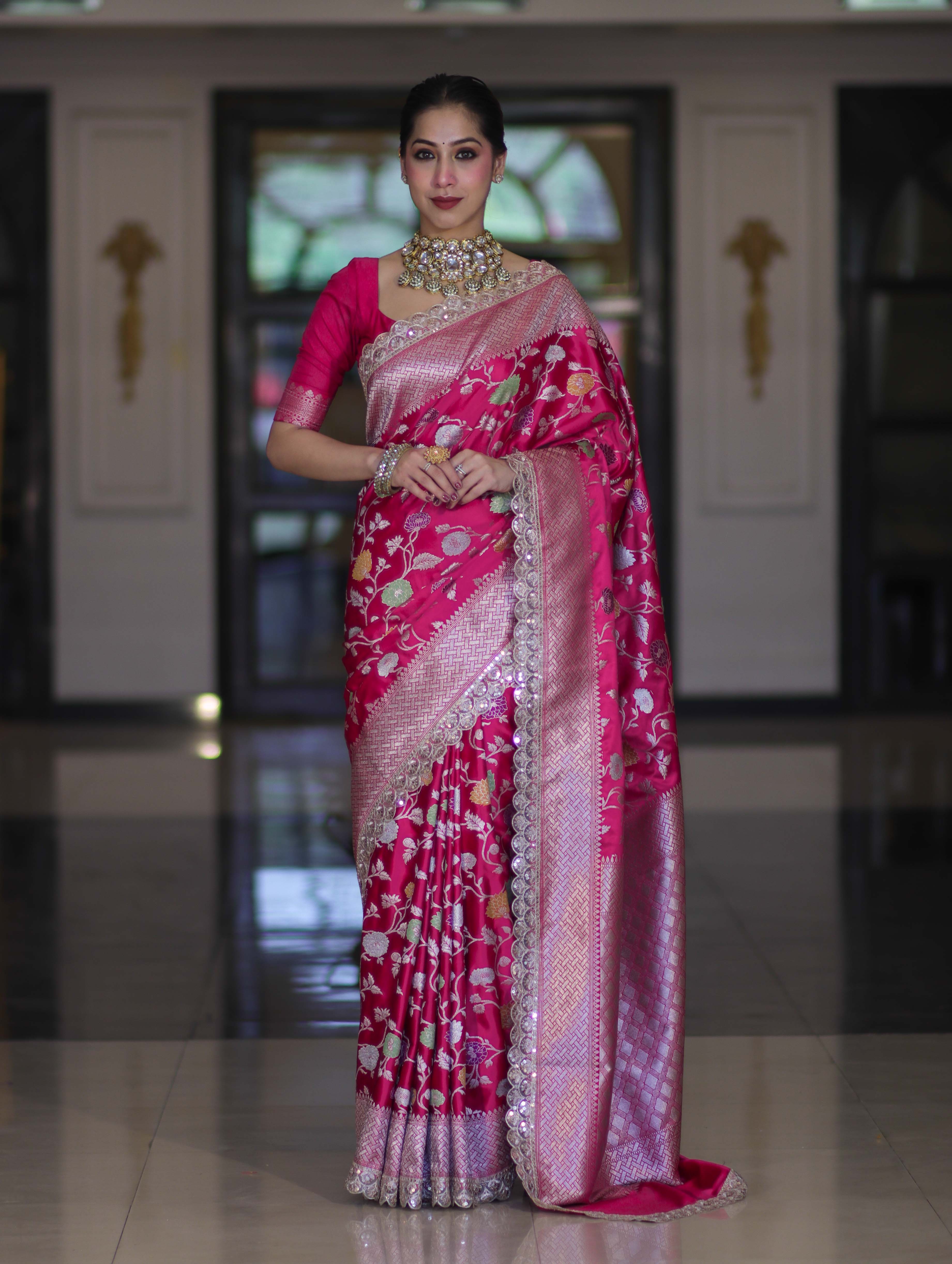 Banarasee Handloom Mashru Silk Saree With Jaal Design & Lace Border-Fuchsia Pink