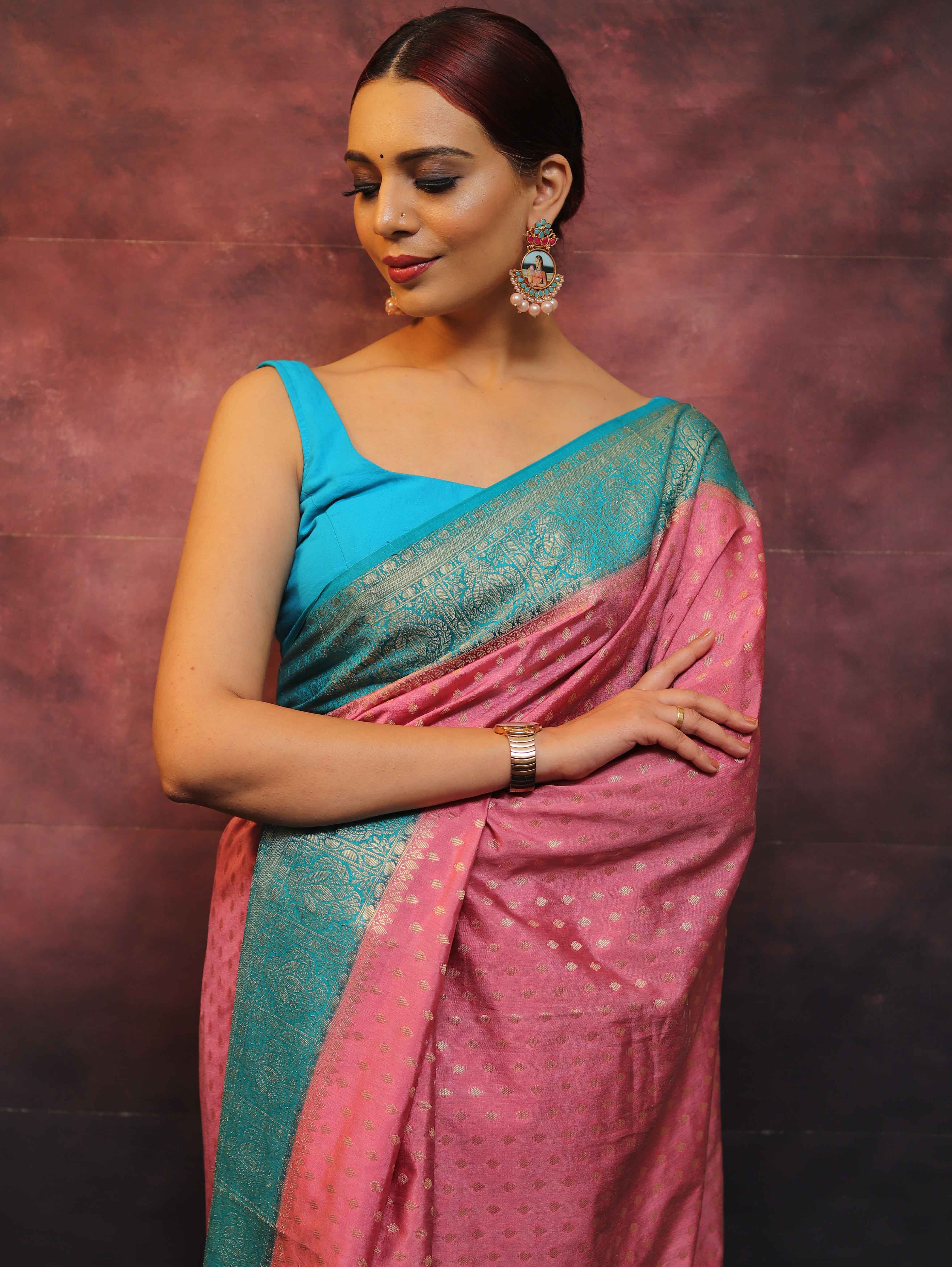 Banarasee Semi Silk Zari Buti Saree With Contrast Border-Pink & Blue