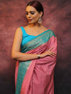 Banarasee Semi Silk Zari Buti Saree With Contrast Border-Pink & Blue