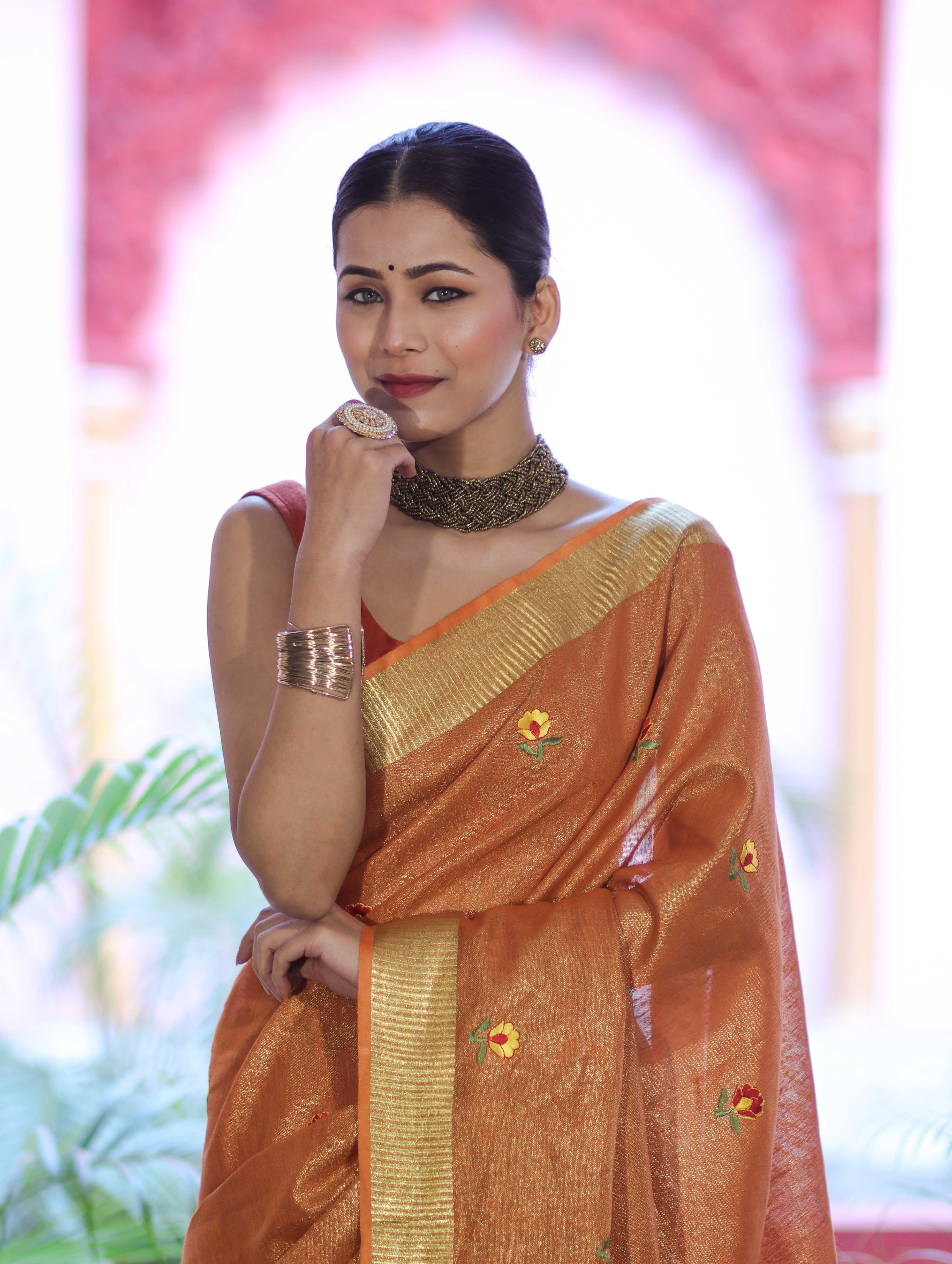 Bhagalpur Handloom Linen Tissue Metallic Shine Saree With Hand Woven Floral Motifs-Rust