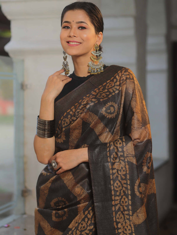 Bhagalpur Handloom Pure Linen Cotton Shibori Saree-Black & Brown