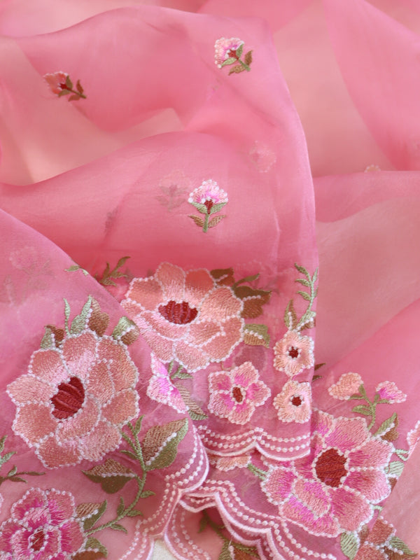 Banarasee Pure Organza Silk Saree With Floral Resham Embroidery-Pink