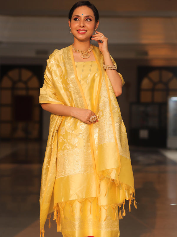 Banarasee Salwar Kameez Semi Katan Silk Fabric With Zari Work-Yellow