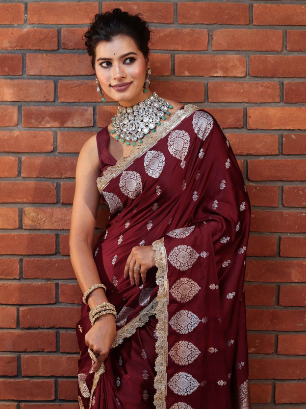 Banarasee Handwoven Mashru Silk Saree With Sona Rupa Zari Buta Design Border & Lace-Dark Maroon