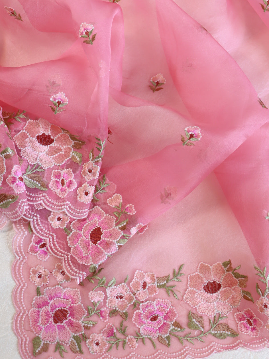 Banarasee Pure Organza Silk Saree With Floral Resham Embroidery-Pink