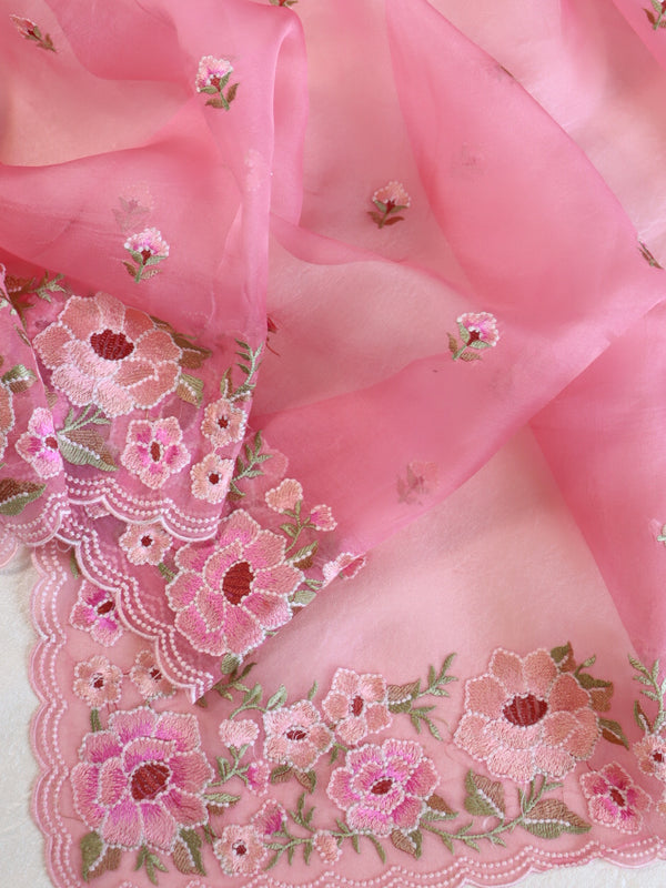 Banarasee Pure Organza Silk Saree With Floral Resham Embroidery-Pink