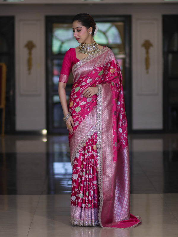 Banarasee Handloom Mashru Silk Saree With Jaal Design & Lace Border-Fuchsia Pink