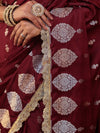 Banarasee Handwoven Mashru Silk Saree With Sona Rupa Zari Buta Design Border & Lace-Dark Maroon