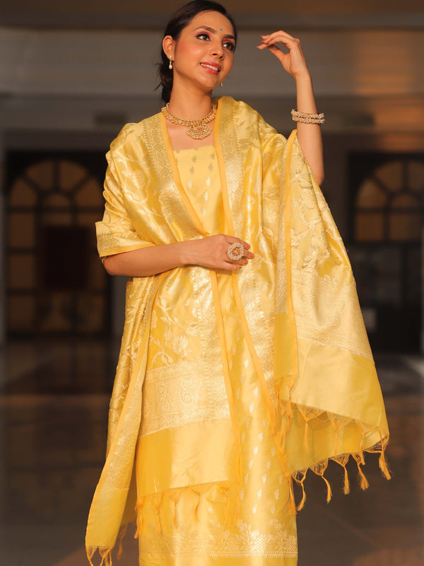 Banarasee Salwar Kameez Semi Katan Silk Fabric With Zari Work-Yellow