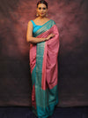 Banarasee Semi Silk Zari Buti Saree With Contrast Border-Pink & Blue