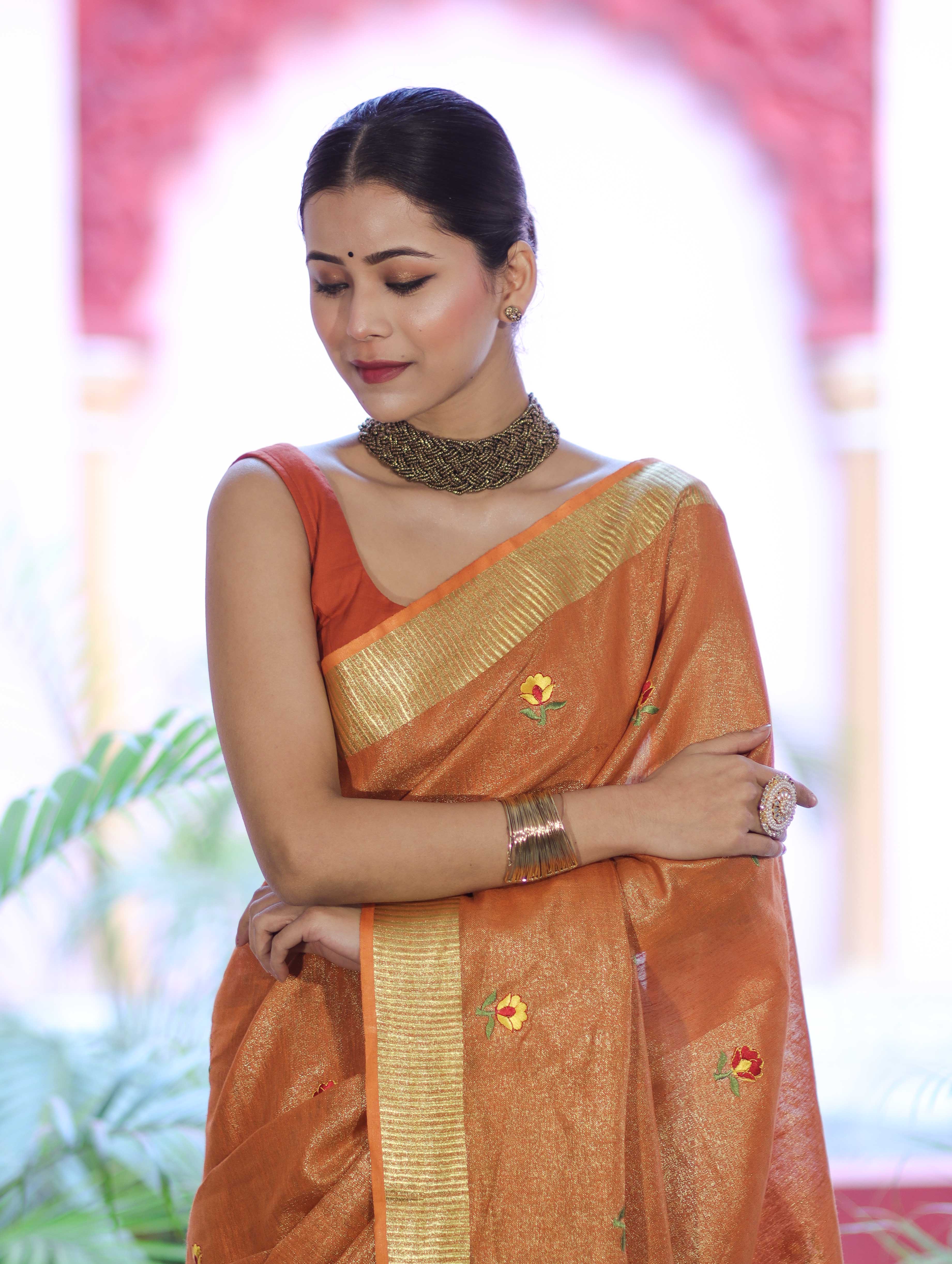 Bhagalpur Handloom Linen Tissue Metallic Shine Saree With Hand Woven Floral Motifs-Rust