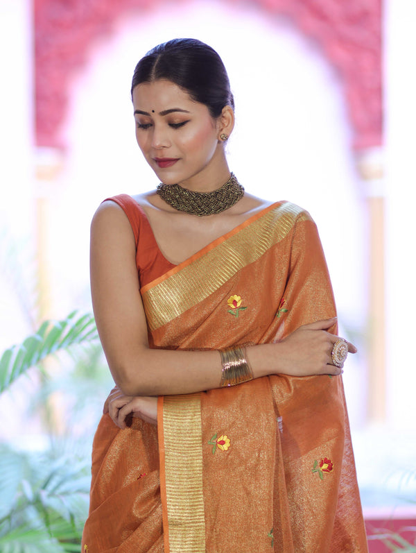 Bhagalpur Handloom Linen Tissue Metallic Shine Saree With Hand Woven Floral Motifs-Rust