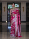 Banarasee Handloom Mashru Silk Saree With Jaal Design & Lace Border-Fuchsia Pink