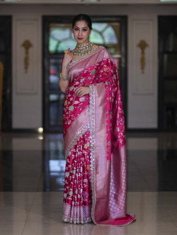 Banarasee Handloom Mashru Silk Saree With Jaal Design & Lace Border-Fuchsia Pink