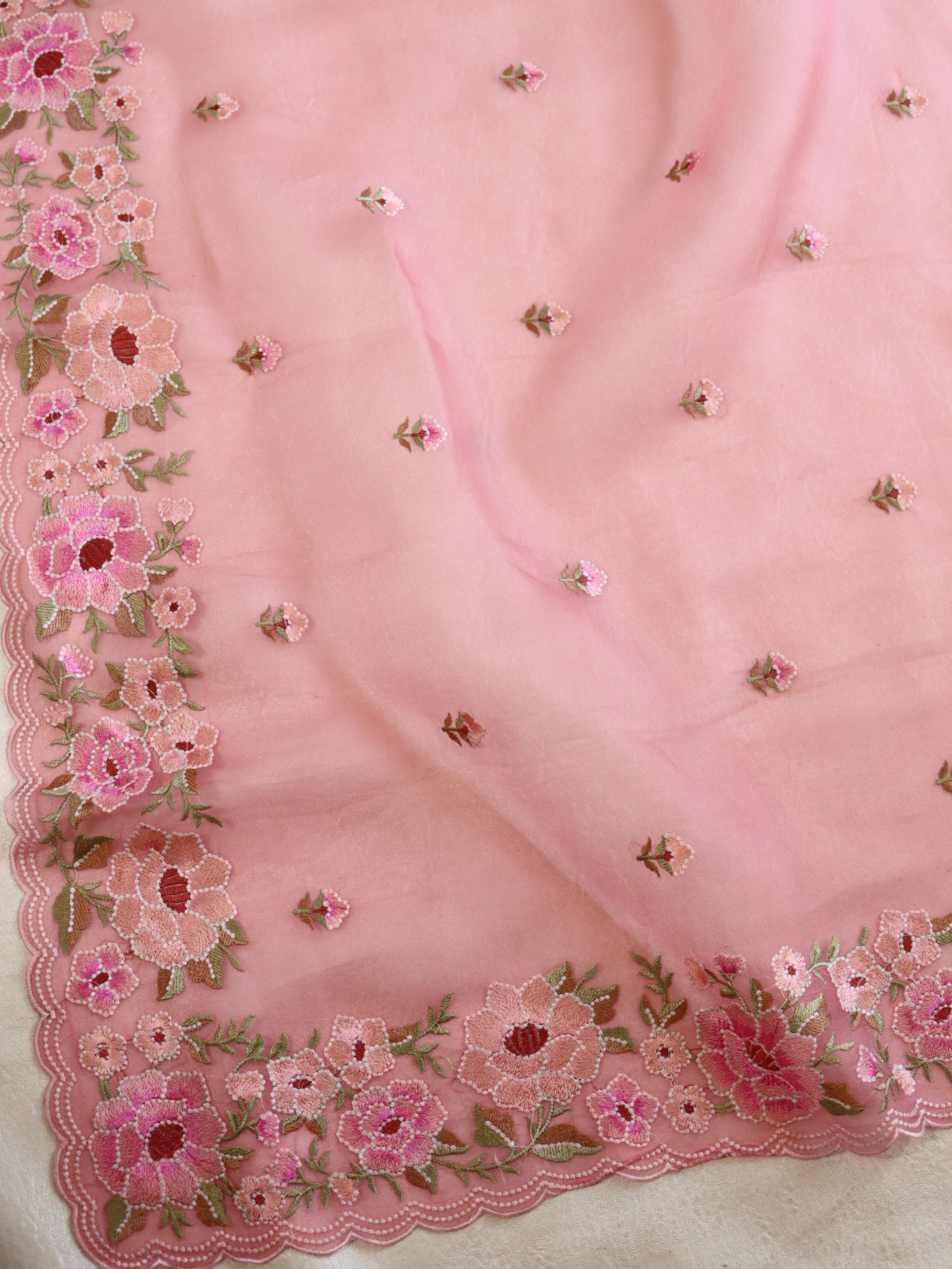 Banarasee Pure Organza Silk Saree With Floral Resham Embroidery-Pink