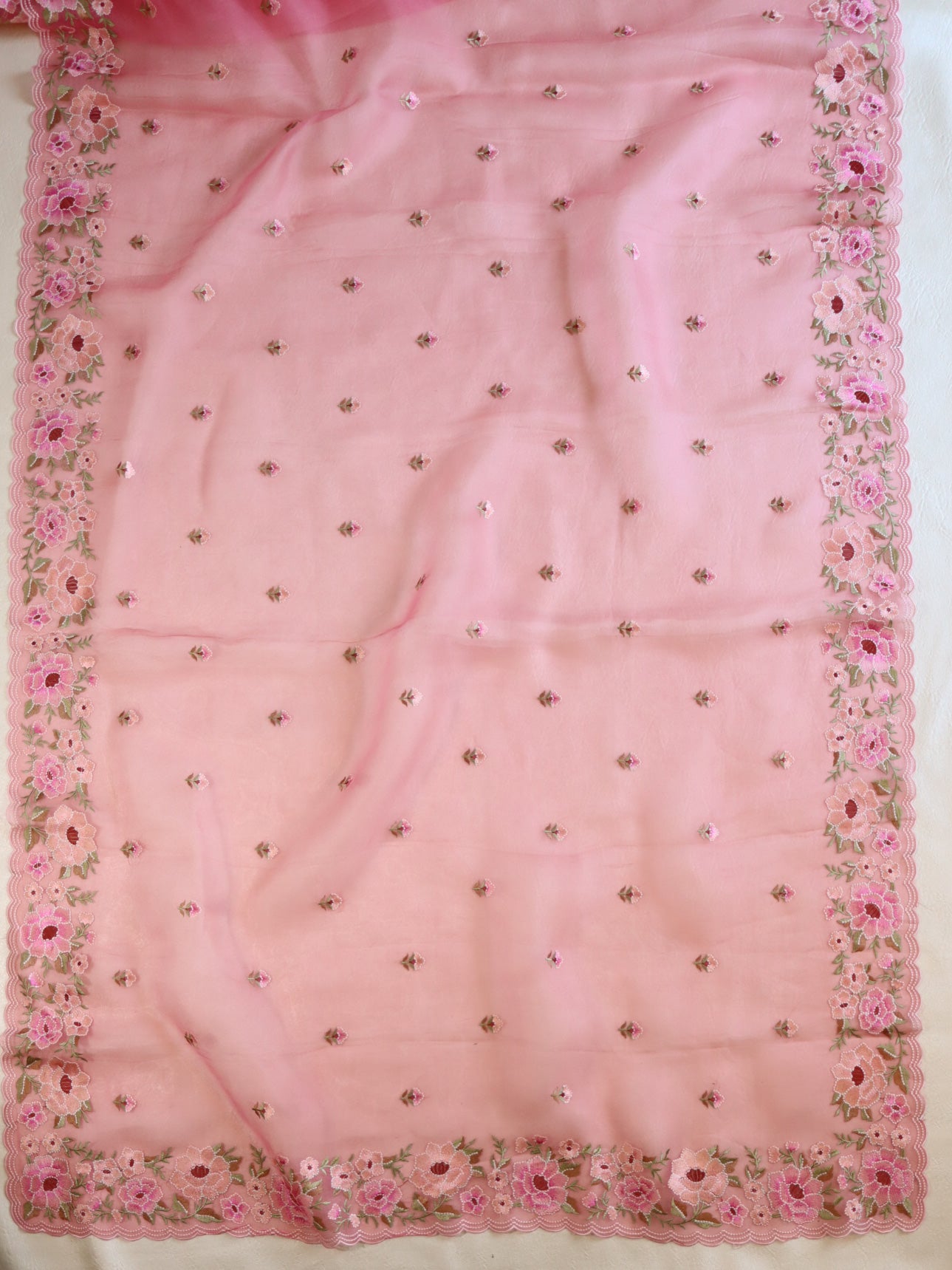 Banarasee Pure Organza Silk Saree With Floral Resham Embroidery-Pink