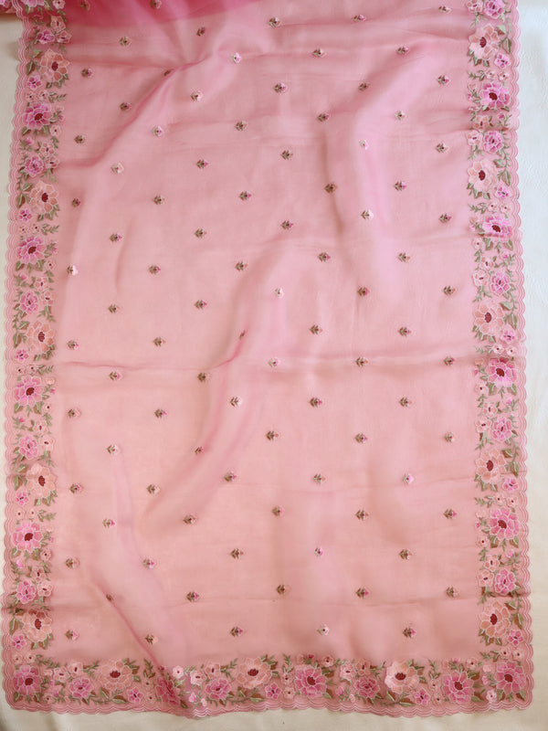 Banarasee Pure Organza Silk Saree With Floral Resham Embroidery-Pink